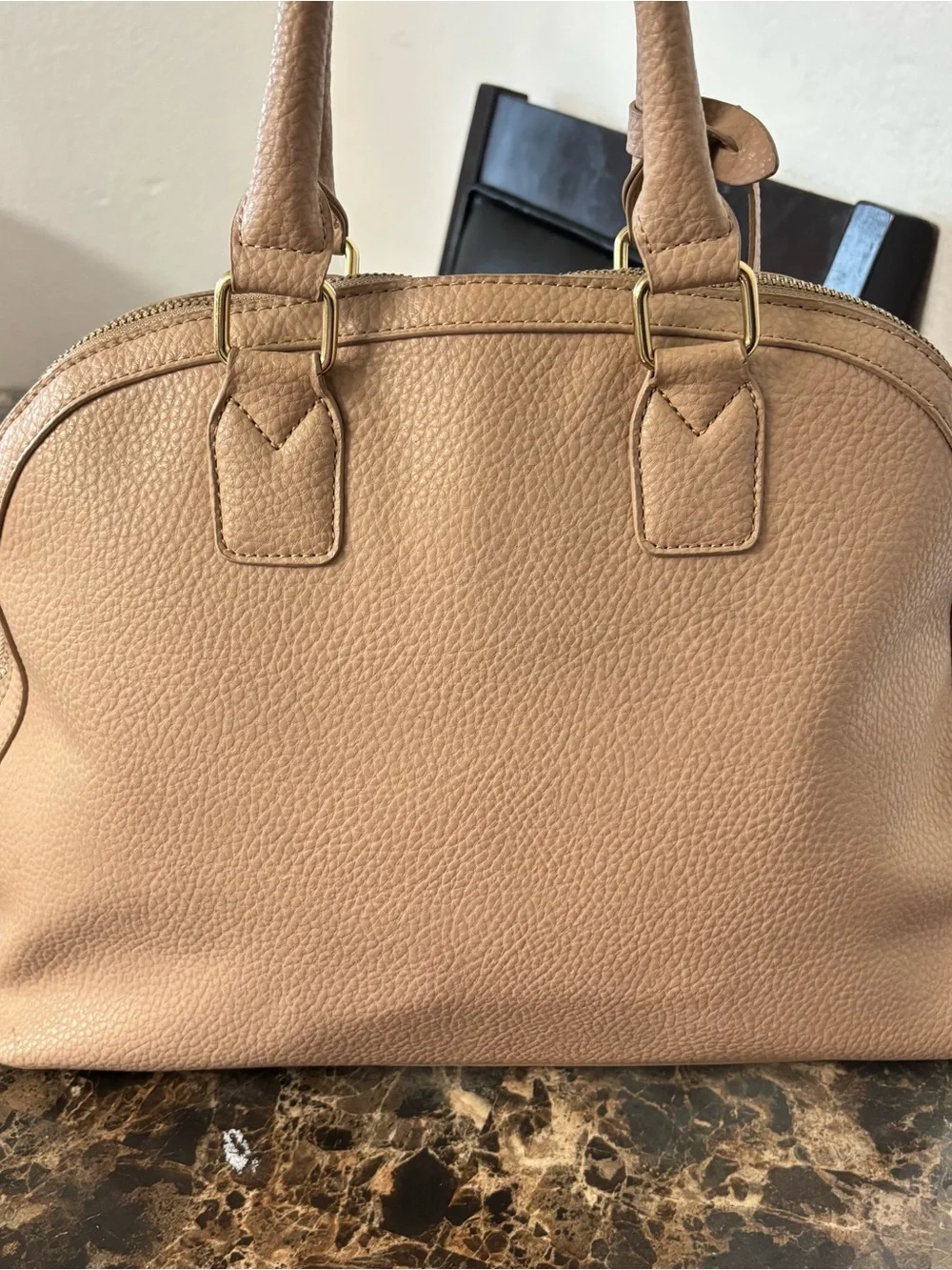 BCBG Paris Tan Pebble Satchel with Gold Hardware